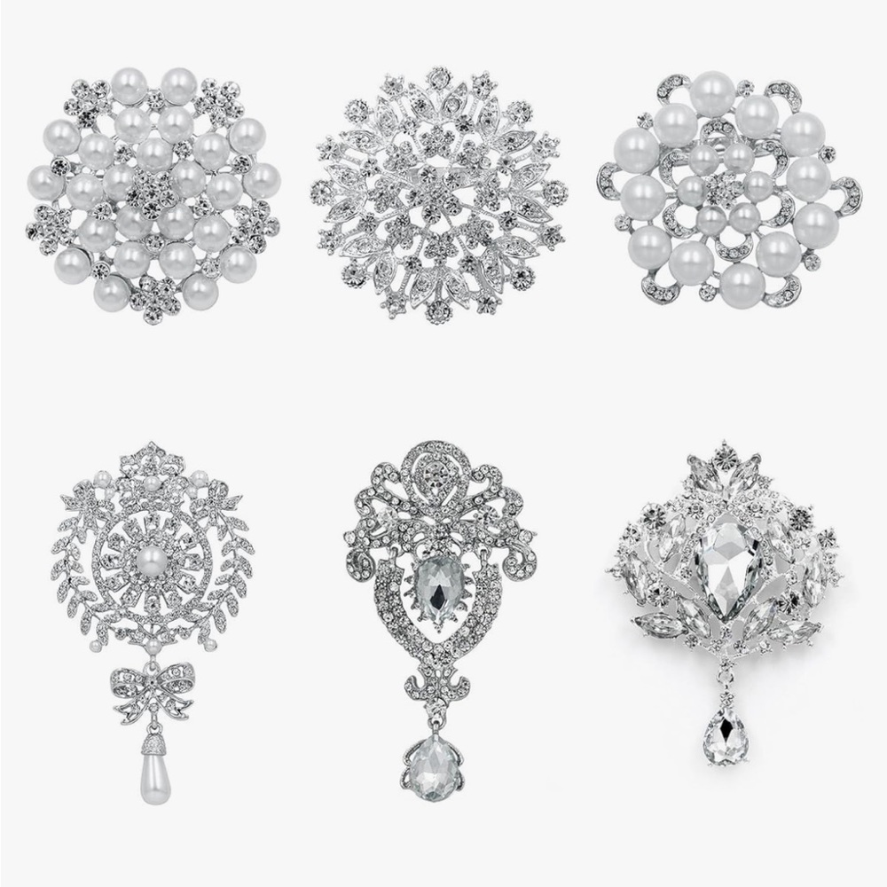 Set lot 6 statement brooches silver rhinestone pearl wedding bouquet costume